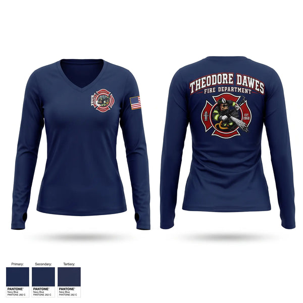 Womens Long Sleeve Vneck Shirt, Theodore-Dawes Fire Rescue, Fire Department, Teamtime, Team time, sublimation, custom sports apparel, team uniforms, spirit wear, spiritwear, sports uniforms, custom shirts, team store, custom team store, fundraiser sports, apparel fundraiser