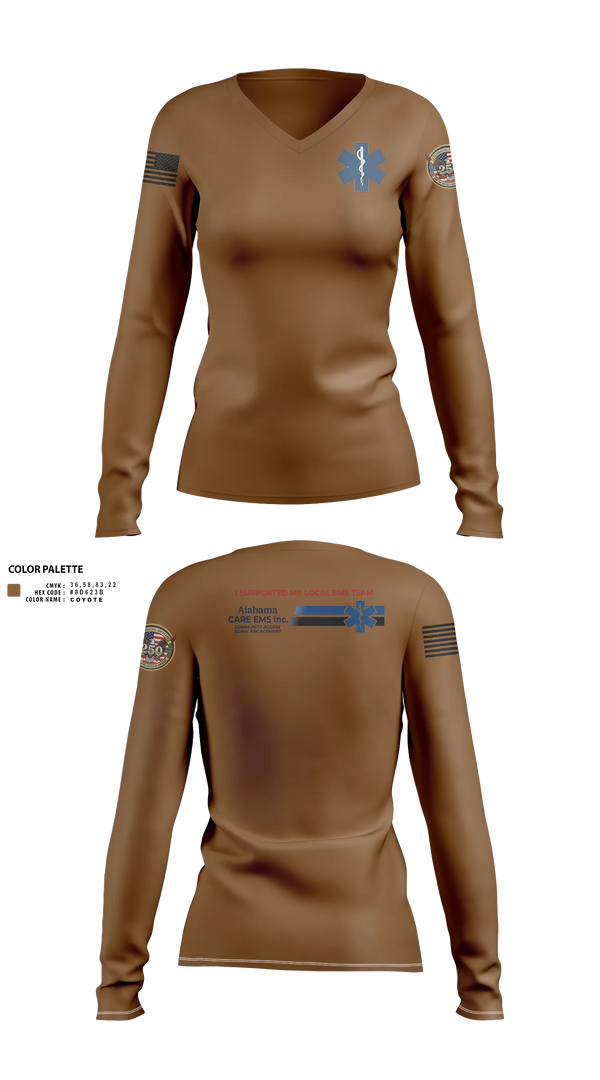 Womens Long Sleeve Vneck Shirt, Alabama CARE EMS Inc., EMS/EMT, Teamtime, Team time, sublimation, custom sports apparel, team uniforms, spirit wear, spiritwear, sports uniforms, custom shirts, team store, custom team store, fundraiser sports, apparel fundraiser