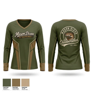 Womens Long Sleeve Vneck Shirt, Mason Dixon Outdoorsmen, Spirit Store, Teamtime, Team time, sublimation, custom sports apparel, team uniforms, spirit wear, spiritwear, sports uniforms, custom shirts, team store, custom team store, fundraiser sports, apparel fundraiser