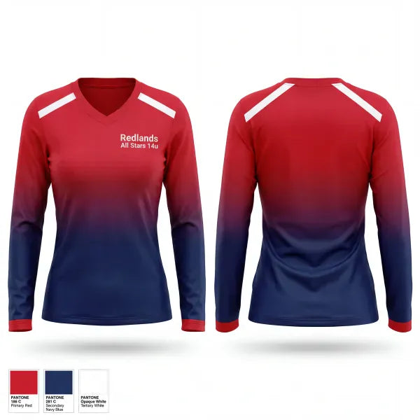 Womens Long Sleeve Vneck Shirt, Redlands All Stars 14u, Softball, Teamtime, Team time, sublimation, custom sports apparel, team uniforms, spirit wear, spiritwear, sports uniforms, custom shirts, team store, custom team store, fundraiser sports, apparel fundraiser