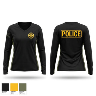 Womens Long Sleeve Vneck Shirt, Mounds PD, Police, Teamtime, Team time, sublimation, custom sports apparel, team uniforms, spirit wear, spiritwear, sports uniforms, custom shirts, team store, custom team store, fundraiser sports, apparel fundraiser