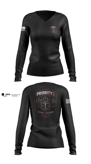 Womens Long Sleeve Vneck Shirt, Priority 1 Rescue, EMS/EMT, Teamtime, Team time, sublimation, custom sports apparel, team uniforms, spirit wear, spiritwear, sports uniforms, custom shirts, team store, custom team store, fundraiser sports, apparel fundraiser