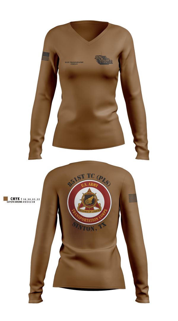 Womens Long Sleeve Vneck Shirt, 851st Transportation Company, Army, Teamtime, Team time, sublimation, custom sports apparel, team uniforms, spirit wear, spiritwear, sports uniforms, custom shirts, team store, custom team store, fundraiser sports, apparel fundraiser