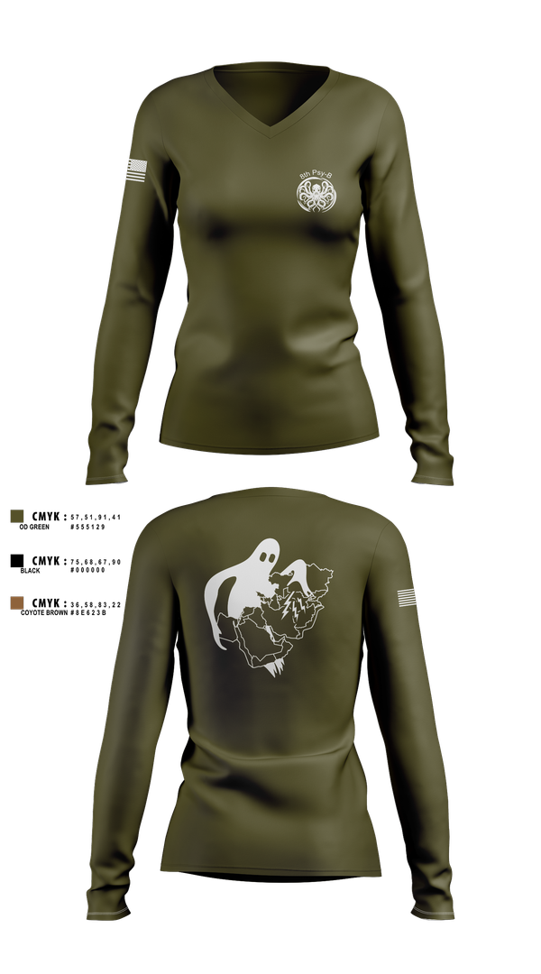 Womens Long Sleeve Vneck Shirt, A Co 8th Psy-B, Army, Teamtime, Team time, sublimation, custom sports apparel, team uniforms, spirit wear, spiritwear, sports uniforms, custom shirts, team store, custom team store, fundraiser sports, apparel fundraiser