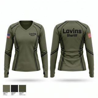 Womens Long Sleeve Vneck Shirt, Lovins, Police, Teamtime, Team time, sublimation, custom sports apparel, team uniforms, spirit wear, spiritwear, sports uniforms, custom shirts, team store, custom team store, fundraiser sports, apparel fundraiser