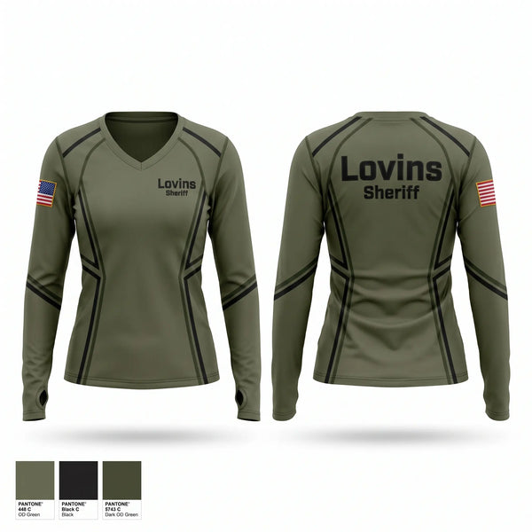 Womens Long Sleeve Vneck Shirt, Lovins, Police, Teamtime, Team time, sublimation, custom sports apparel, team uniforms, spirit wear, spiritwear, sports uniforms, custom shirts, team store, custom team store, fundraiser sports, apparel fundraiser