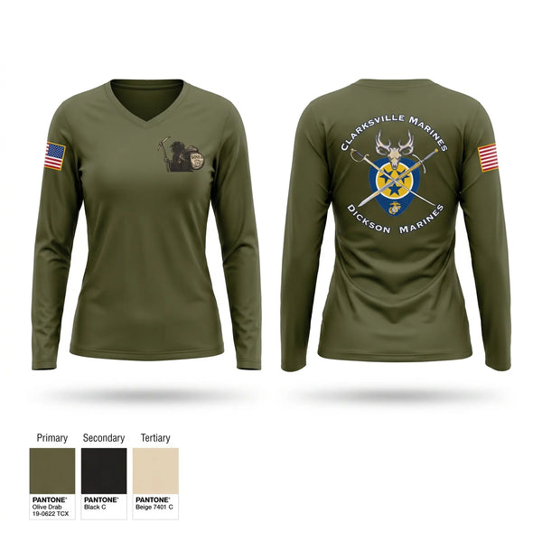 Womens Long Sleeve Vneck Shirt, RSS CLARKSVILLE/PCS DICKSON, Marines, Teamtime, Team time, sublimation, custom sports apparel, team uniforms, spirit wear, spiritwear, sports uniforms, custom shirts, team store, custom team store, fundraiser sports, apparel fundraiser
