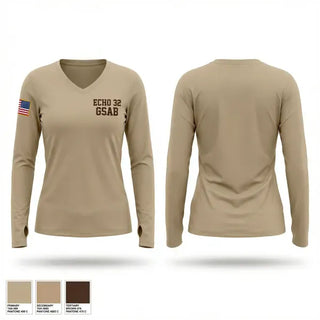 Womens Long Sleeve Vneck Shirt, Echo 3-2 GSAB, Army, Teamtime, Team time, sublimation, custom sports apparel, team uniforms, spirit wear, spiritwear, sports uniforms, custom shirts, team store, custom team store, fundraiser sports, apparel fundraiser