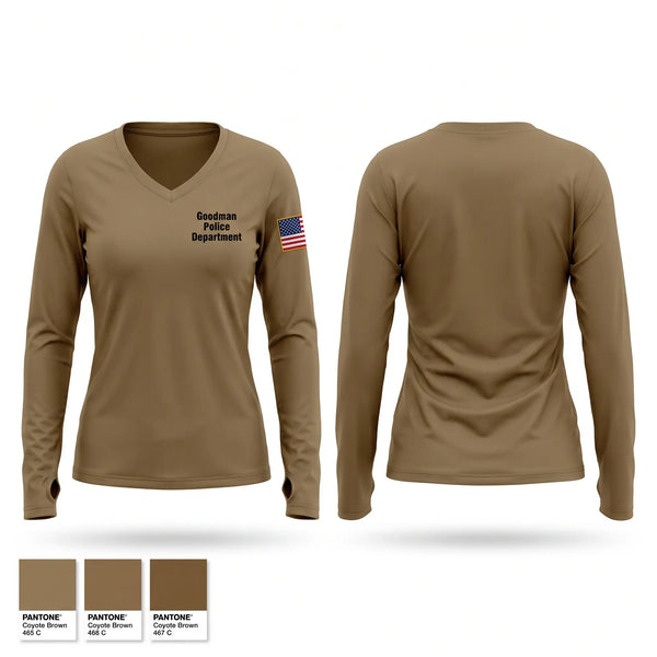 Womens Long Sleeve Vneck Shirt, Goodman Police Department, Police, Teamtime, Team time, sublimation, custom sports apparel, team uniforms, spirit wear, spiritwear, sports uniforms, custom shirts, team store, custom team store, fundraiser sports, apparel fundraiser