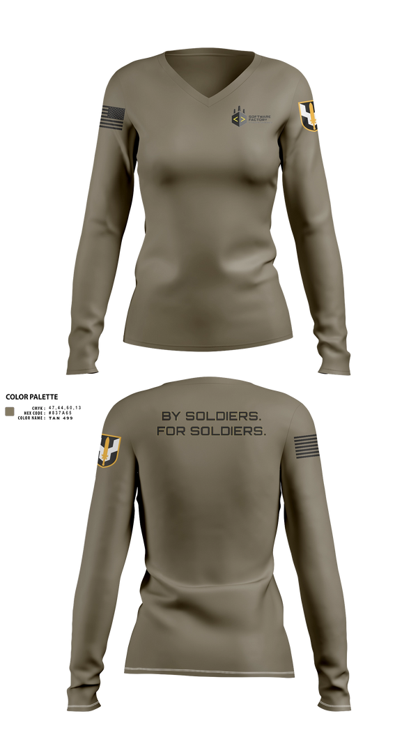 Womens Long Sleeve Vneck Shirt, Army Software Factory, Army, Teamtime, Team time, sublimation, custom sports apparel, team uniforms, spirit wear, spiritwear, sports uniforms, custom shirts, team store, custom team store, fundraiser sports, apparel fundraiser