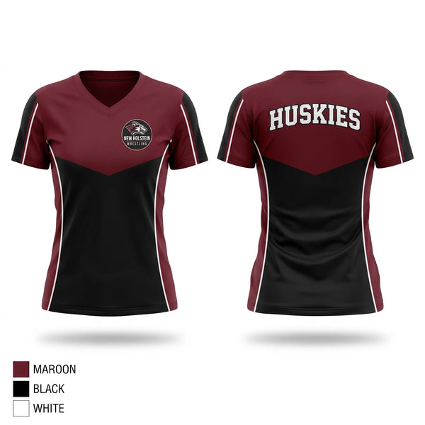 Womens Short Sleeve Vneck Shirt, New Holstein Huskies, Wrestling, Teamtime, Team time, sublimation, custom sports apparel, team uniforms, spirit wear, spiritwear, sports uniforms, custom shirts, team store, custom team store, fundraiser sports, apparel fundraiser