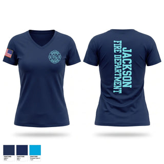 Womens Short Sleeve Vneck Shirt, Jackson Fire Department, Fire Department, Teamtime, Team time, sublimation, custom sports apparel, team uniforms, spirit wear, spiritwear, sports uniforms, custom shirts, team store, custom team store, fundraiser sports, apparel fundraiser