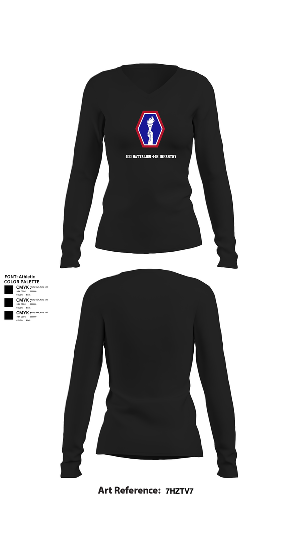 Womens Long Sleeve Vneck Shirt, 100 Battalion 442 Infantry, Army, Teamtime, Team time, sublimation, custom sports apparel, team uniforms, spirit wear, spiritwear, sports uniforms, custom shirts, team store, custom team store, fundraiser sports, apparel fundraiser