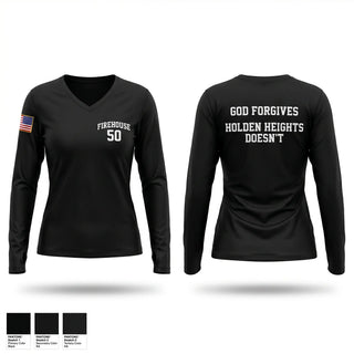 Womens Long Sleeve Vneck Shirt, Firehouse 50, Fire Department, Teamtime, Team time, sublimation, custom sports apparel, team uniforms, spirit wear, spiritwear, sports uniforms, custom shirts, team store, custom team store, fundraiser sports, apparel fundraiser