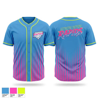 Full Button Baseball Jersey, Mystic River Rapids, Baseball, Teamtime, Team time, sublimation, custom sports apparel, team uniforms, spirit wear, spiritwear, sports uniforms, custom shirts, team store, custom team store, fundraiser sports, apparel fundraiser