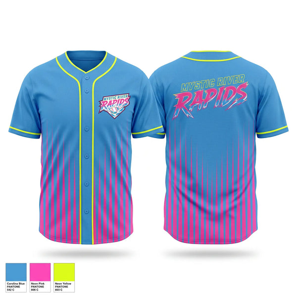 Full Button Baseball Jersey, Mystic River Rapids, Baseball, Teamtime, Team time, sublimation, custom sports apparel, team uniforms, spirit wear, spiritwear, sports uniforms, custom shirts, team store, custom team store, fundraiser sports, apparel fundraiser