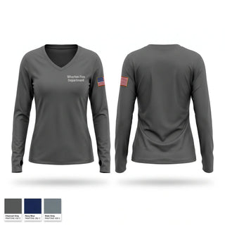 Womens Long Sleeve Vneck Shirt, Wharton Fire Department, Fire Department, Teamtime, Team time, sublimation, custom sports apparel, team uniforms, spirit wear, spiritwear, sports uniforms, custom shirts, team store, custom team store, fundraiser sports, apparel fundraiser