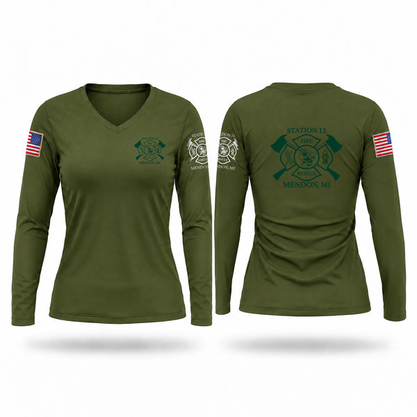 Womens Long Sleeve Vneck Shirt, Mendon Fire, Fire Department, Teamtime, Team time, sublimation, custom sports apparel, team uniforms, spirit wear, spiritwear, sports uniforms, custom shirts, team store, custom team store, fundraiser sports, apparel fundraiser