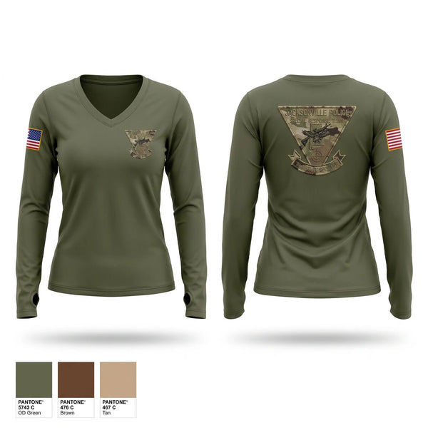 Womens Long Sleeve Vneck Shirt, Jacksonville Police SRT, Police, Teamtime, Team time, sublimation, custom sports apparel, team uniforms, spirit wear, spiritwear, sports uniforms, custom shirts, team store, custom team store, fundraiser sports, apparel fundraiser