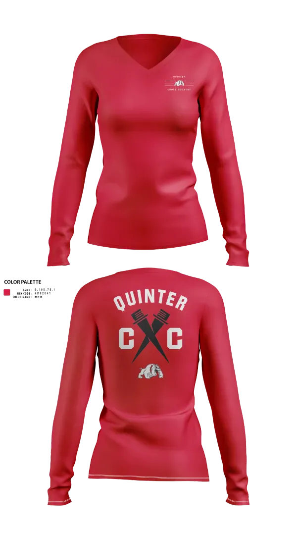 Womens Long Sleeve Vneck Shirt, Quinter Bulldogs, Cross Country, Teamtime, Team time, sublimation, custom sports apparel, team uniforms, spirit wear, spiritwear, sports uniforms, custom shirts, team store, custom team store, fundraiser sports, apparel fundraiser