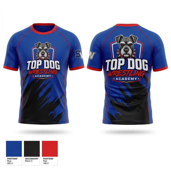 Short Sleeve Rash Guard Shirt, Top Dog Wrestling Academy, Wrestling, Teamtime, Team time, sublimation, custom sports apparel, team uniforms, spirit wear, spiritwear, sports uniforms, custom shirts, team store, custom team store, fundraiser sports, apparel fundraiser