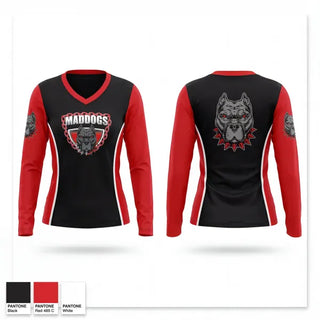 Womens Long Sleeve Vneck Shirt, Fairview Heights Mad Dogs, , Teamtime, Team time, sublimation, custom sports apparel, team uniforms, spirit wear, spiritwear, sports uniforms, custom shirts, team store, custom team store, fundraiser sports, apparel fundraiser