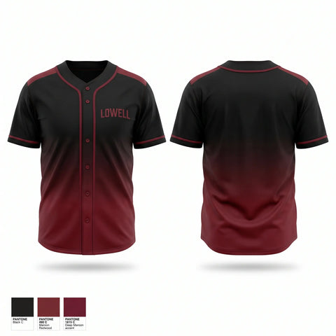 Full Button Baseball Jersey, Lowell black, Baseball, Teamtime, Team time, sublimation, custom sports apparel, team uniforms, spirit wear, spiritwear, sports uniforms, custom shirts, team store, custom team store, fundraiser sports, apparel fundraiser
