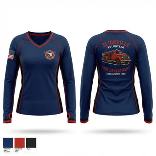 Womens Long Sleeve Vneck Shirt, Slickville VFD, Fire Department, Teamtime, Team time, sublimation, custom sports apparel, team uniforms, spirit wear, spiritwear, sports uniforms, custom shirts, team store, custom team store, fundraiser sports, apparel fundraiser