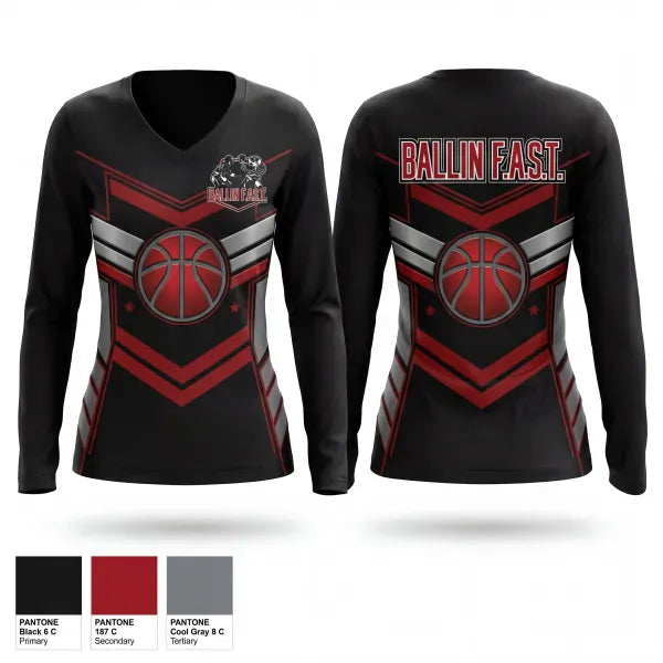 Womens Long Sleeve Vneck Shirt, Ballin F.A.S.T, Men's Basketball, Teamtime, Team time, sublimation, custom sports apparel, team uniforms, spirit wear, spiritwear, sports uniforms, custom shirts, team store, custom team store, fundraiser sports, apparel fundraiser