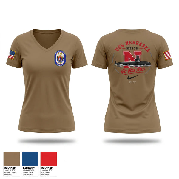 Womens Short Sleeve Vneck Shirt, USS Nebraska, Navy, Teamtime, Team time, sublimation, custom sports apparel, team uniforms, spirit wear, spiritwear, sports uniforms, custom shirts, team store, custom team store, fundraiser sports, apparel fundraiser