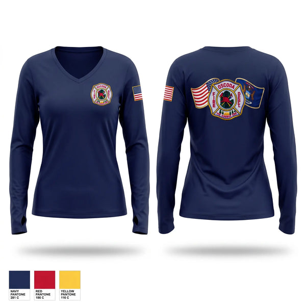 Womens Long Sleeve Vneck Shirt, Oscoda Fire Dept, Fire Department, Teamtime, Team time, sublimation, custom sports apparel, team uniforms, spirit wear, spiritwear, sports uniforms, custom shirts, team store, custom team store, fundraiser sports, apparel fundraiser