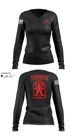 Women's Long Sleeve Vneck Shirt, 3-509th Parachute Infantry BN Able Nation, , Teamtime, Team time, sublimation, custom sports apparel, team uniforms, spirit wear, spiritwear, sports uniforms, custom shirts, team store, custom team store, fundraiser sports, apparel fundraiser
