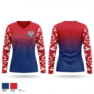 Womens Long Sleeve Vneck Shirt, USA Softball of Kansas, Softball, Teamtime, Team time, sublimation, custom sports apparel, team uniforms, spirit wear, spiritwear, sports uniforms, custom shirts, team store, custom team store, fundraiser sports, apparel fundraiser