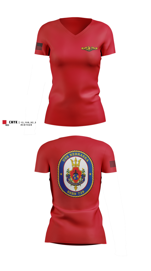 Womens Short Sleeve Vneck Shirt, USS Nebraska, Navy, Teamtime, Team time, sublimation, custom sports apparel, team uniforms, spirit wear, spiritwear, sports uniforms, custom shirts, team store, custom team store, fundraiser sports, apparel fundraiser