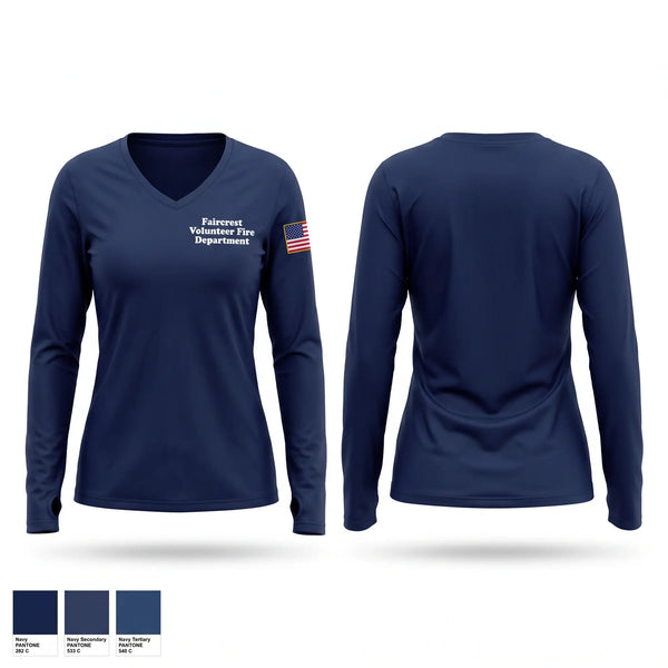 Womens Long Sleeve Vneck Shirt, Faircrest Volunteer Fire Department, Fire Department, Teamtime, Team time, sublimation, custom sports apparel, team uniforms, spirit wear, spiritwear, sports uniforms, custom shirts, team store, custom team store, fundraiser sports, apparel fundraiser