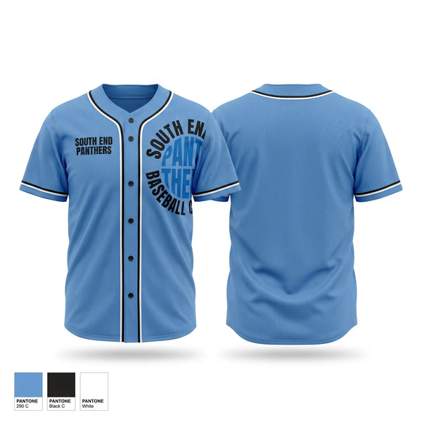 Full Button Baseball Jersey, South End Panthers, Baseball, Teamtime, Team time, sublimation, custom sports apparel, team uniforms, spirit wear, spiritwear, sports uniforms, custom shirts, team store, custom team store, fundraiser sports, apparel fundraiser