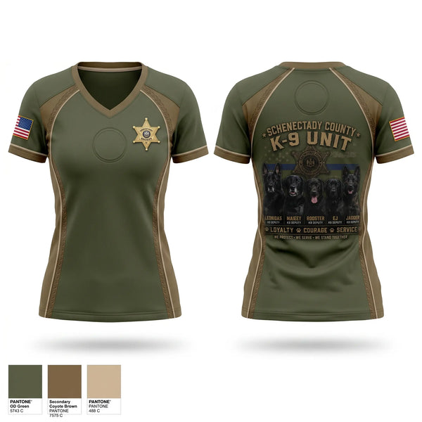 Womens Short Sleeve Vneck Shirt, Schenectady County Sheriff K9, Police, Teamtime, Team time, sublimation, custom sports apparel, team uniforms, spirit wear, spiritwear, sports uniforms, custom shirts, team store, custom team store, fundraiser sports, apparel fundraiser