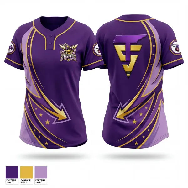 Two Button Softball Jersey, Tennessee Stingers, Softball, Teamtime, Team time, sublimation, custom sports apparel, team uniforms, spirit wear, spiritwear, sports uniforms, custom shirts, team store, custom team store, fundraiser sports, apparel fundraiser