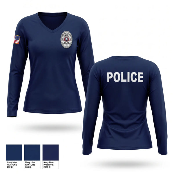 Womens Long Sleeve Vneck Shirt, Palm Valley Police Department, Police, Teamtime, Team time, sublimation, custom sports apparel, team uniforms, spirit wear, spiritwear, sports uniforms, custom shirts, team store, custom team store, fundraiser sports, apparel fundraiser