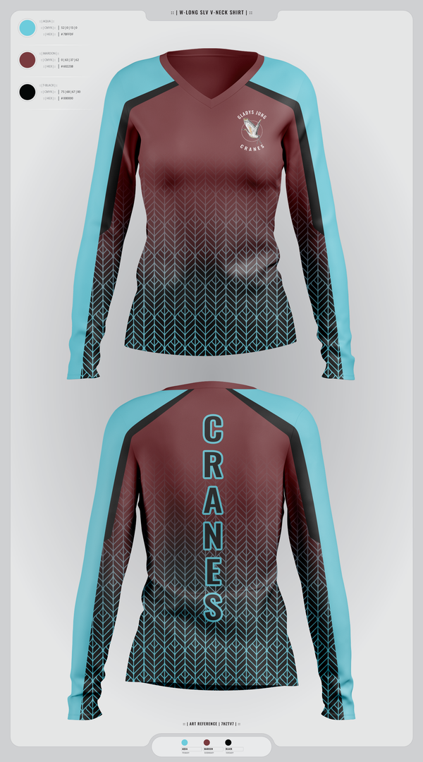 Womens Long Sleeve Vneck Shirt, Cranes, Spirit Store, Teamtime, Team time, sublimation, custom sports apparel, team uniforms, spirit wear, spiritwear, sports uniforms, custom shirts, team store, custom team store, fundraiser sports, apparel fundraiser
