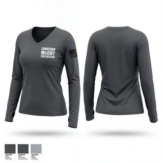 Womens Long Sleeve Vneck Shirt, Longshop McCoy Fire Rescue, Fire Department, Teamtime, Team time, sublimation, custom sports apparel, team uniforms, spirit wear, spiritwear, sports uniforms, custom shirts, team store, custom team store, fundraiser sports, apparel fundraiser