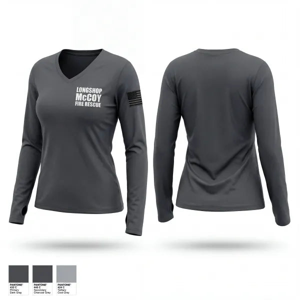 Womens Long Sleeve Vneck Shirt, Longshop McCoy Fire Rescue, Fire Department, Teamtime, Team time, sublimation, custom sports apparel, team uniforms, spirit wear, spiritwear, sports uniforms, custom shirts, team store, custom team store, fundraiser sports, apparel fundraiser