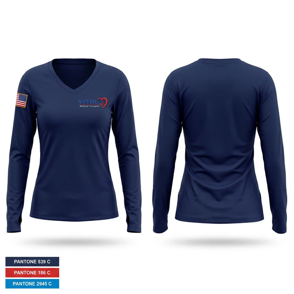 Womens Long Sleeve Vneck Shirt, Vital Medical, EMS/EMT, Teamtime, Team time, sublimation, custom sports apparel, team uniforms, spirit wear, spiritwear, sports uniforms, custom shirts, team store, custom team store, fundraiser sports, apparel fundraiser