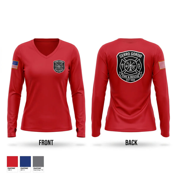 Womens Long Sleeve Vneck Shirt, Cerro Gordo Fire Rescue, EMS/EMT, Teamtime, Team time, sublimation, custom sports apparel, team uniforms, spirit wear, spiritwear, sports uniforms, custom shirts, team store, custom team store, fundraiser sports, apparel fundraiser