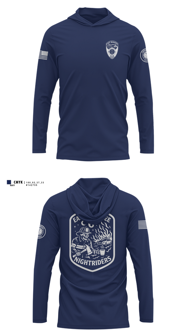 Long Sleeve Hooded Sun Shirt, East Manatee, Fire Department, Teamtime, Team time, sublimation, custom sports apparel, team uniforms, spirit wear, spiritwear, sports uniforms, custom shirts, team store, custom team store, fundraiser sports, apparel fundraiser