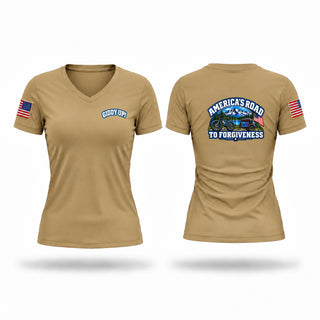 Womens Short Sleeve Vneck Shirt, America’s Road to Forgiveness, Army, Teamtime, Team time, sublimation, custom sports apparel, team uniforms, spirit wear, spiritwear, sports uniforms, custom shirts, team store, custom team store, fundraiser sports, apparel fundraiser