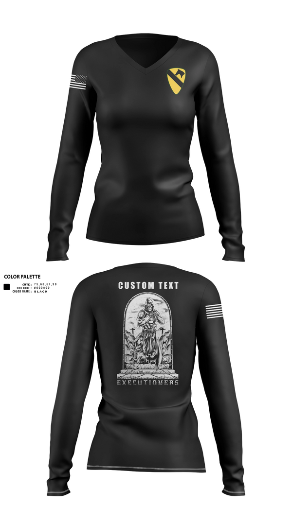 Womens Long Sleeve Vneck Shirt, Executioners, Army, Teamtime, Team time, sublimation, custom sports apparel, team uniforms, spirit wear, spiritwear, sports uniforms, custom shirts, team store, custom team store, fundraiser sports, apparel fundraiser