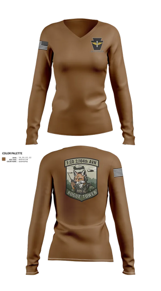 Womens Long Sleeve Vneck Shirt, Fox company 2/104th avn, National Guard, Teamtime, Team time, sublimation, custom sports apparel, team uniforms, spirit wear, spiritwear, sports uniforms, custom shirts, team store, custom team store, fundraiser sports, apparel fundraiser