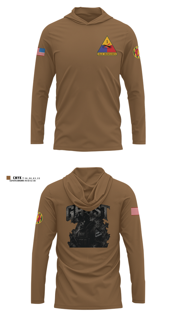 Long Sleeve Performance Shirt with hood, 2ND PLT Ghosts, Army, Teamtime, Team time, sublimation, custom sports apparel, team uniforms, spirit wear, spiritwear, sports uniforms, custom shirts, team store, custom team store, fundraiser sports, apparel fundraiser