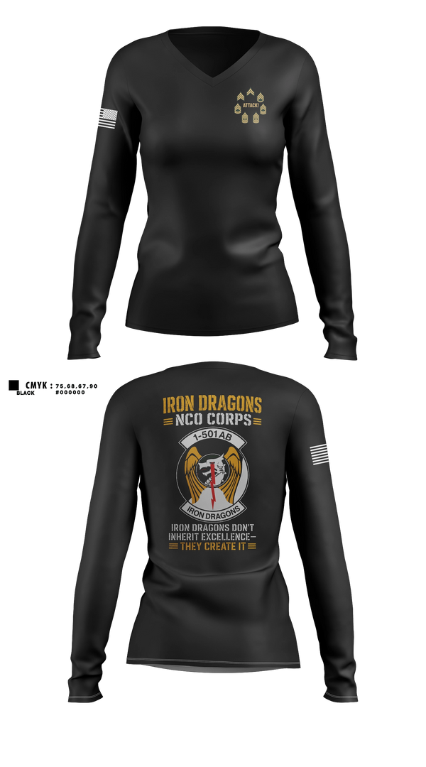 Womens Long Sleeve Vneck Shirt, 1-501st Iron Dragons NCO Corps, Army, Teamtime, Team time, sublimation, custom sports apparel, team uniforms, spirit wear, spiritwear, sports uniforms, custom shirts, team store, custom team store, fundraiser sports, apparel fundraiser